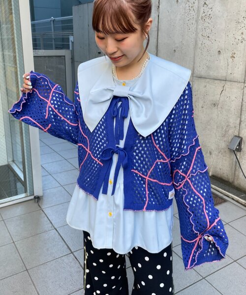 HELLO.SANFRANCISCO(ハローサンフランシスコ)の「【HELLO.SANFRANCISCO】うねうねメッシュリボンカーディガン(カーディガン/ボレロ・レディース・ブルー/オレンジ/イエロー・ONE SIZE)」の5枚目の写真