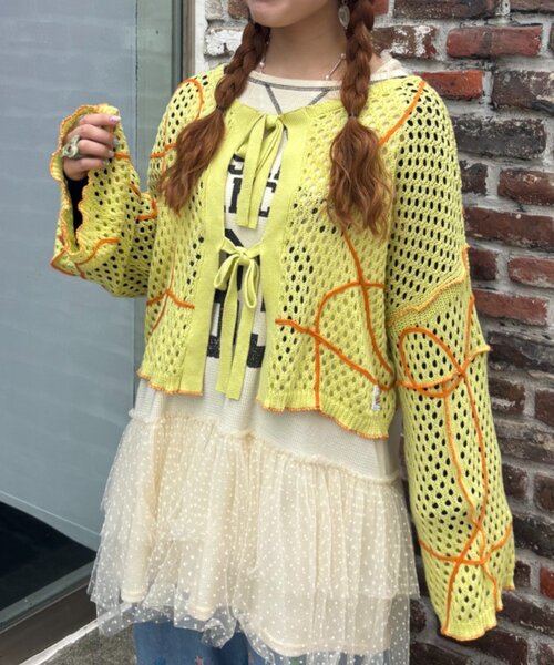 HELLO.SANFRANCISCO(ハローサンフランシスコ)の「【HELLO.SANFRANCISCO】うねうねメッシュリボンカーディガン(カーディガン/ボレロ・レディース・ブルー/オレンジ/イエロー・ONE SIZE)」の14枚目の写真