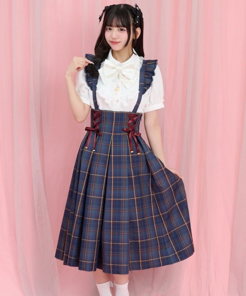 Secret Honey(シークレットハニー)の「ウエストレースアップミディ丈スカート(スカート・レディース・チェック/ネイビー・MEDIUM)」の1枚目の写真