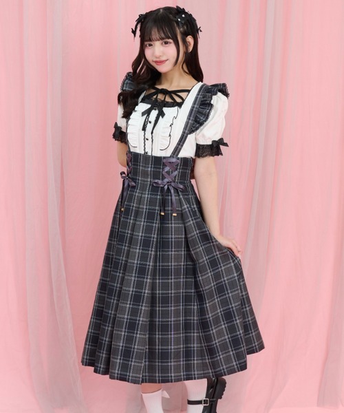 Secret Honey(シークレットハニー)の「ウエストレースアップミディ丈スカート(スカート・レディース・チェック/ネイビー・MEDIUM)」の2枚目の写真