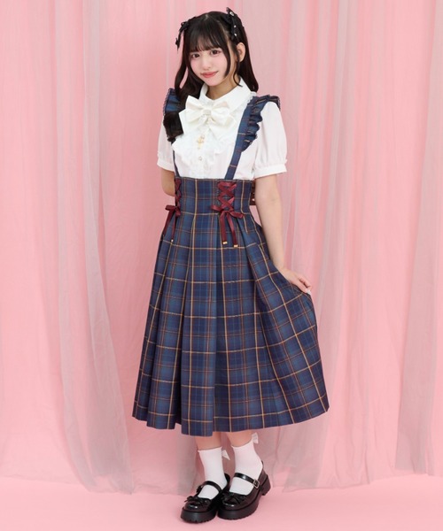Secret Honey(シークレットハニー)の「ウエストレースアップミディ丈スカート(スカート・レディース・チェック/ネイビー・MEDIUM)」の5枚目の写真