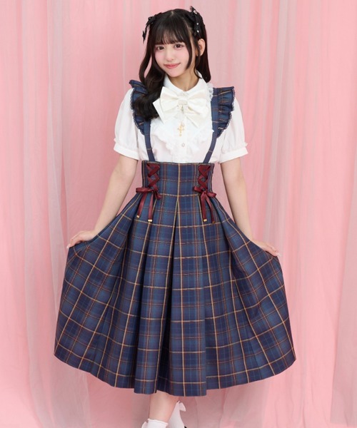 Secret Honey(シークレットハニー)の「ウエストレースアップミディ丈スカート(スカート・レディース・チェック/ネイビー・MEDIUM)」の6枚目の写真