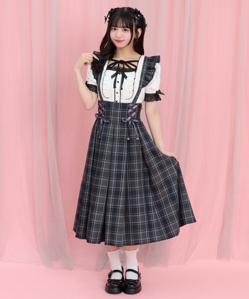 Secret Honey(シークレットハニー)の「ウエストレースアップミディ丈スカート(スカート・レディース・チェック/ネイビー・MEDIUM)」の3枚目の写真