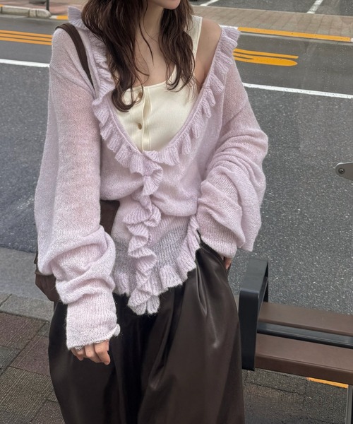 WILLFULLY(ウィルフリー)の「ruffle sheer rib waist knit cardigan(カーディガン/ボレロ・レディース・チャコール/ライラック/ブラウン・FREE)」の1枚目の写真