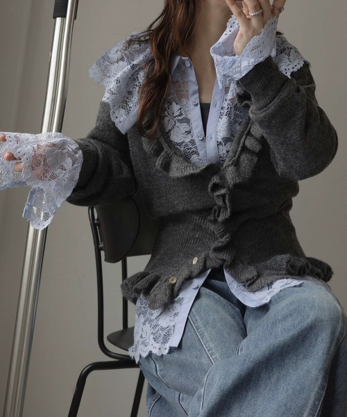 WILLFULLY(ウィルフリー)の「ruffle sheer rib waist knit cardigan(カーディガン/ボレロ・レディース・チャコール/ライラック/ブラウン・FREE)」の2枚目の写真