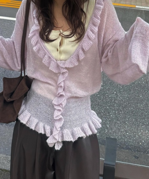 WILLFULLY(ウィルフリー)の「ruffle sheer rib waist knit cardigan(カーディガン/ボレロ・レディース・チャコール/ライラック/ブラウン・FREE)」の14枚目の写真
