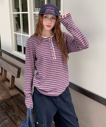 AsRiRe（アスリレイ）の「26aw カラフルボタンレースヘンリーネックボーダーロングTシャツ（Tシャツ/カットソー）」