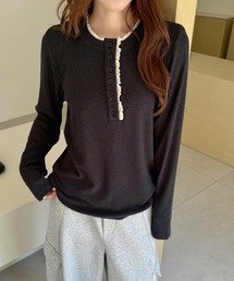 AsRiRe（アスリレイ）の「26aw 新色追加 カラフルボタンレースヘンリーネックボーダーロングTシャツ（Tシャツ/カットソー）」