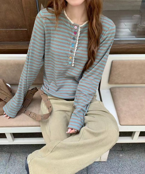 AsRiRe(アスリレイ)の「26aw カラフルボタンレースヘンリーネックボーダーロングTシャツ(Tシャツ/カットソー・レディース・パープル/グリーン/パープル系その他・M)」の16枚目の写真