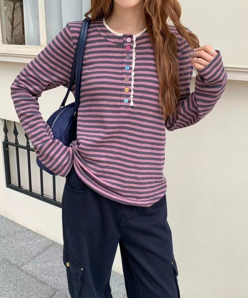 AsRiRe(アスリレイ)の「26aw カラフルボタンレースヘンリーネックボーダーロングTシャツ(Tシャツ/カットソー・レディース・パープル/グリーン/パープル系その他・M)」の17枚目の写真