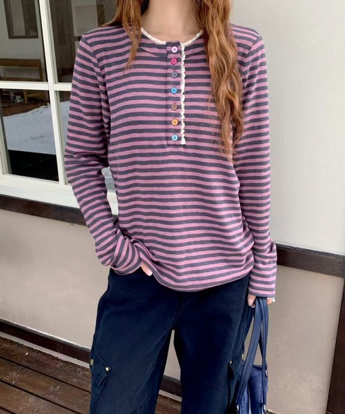 AsRiRe(アスリレイ)の「26aw カラフルボタンレースヘンリーネックボーダーロングTシャツ(Tシャツ/カットソー・レディース・パープル/グリーン/パープル系その他・M)」の18枚目の写真