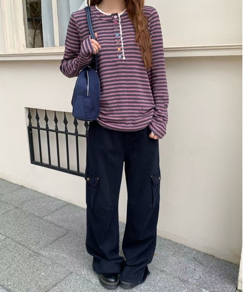 AsRiRe(アスリレイ)の「26aw カラフルボタンレースヘンリーネックボーダーロングTシャツ(Tシャツ/カットソー・レディース・パープル/グリーン/パープル系その他・M)」の19枚目の写真