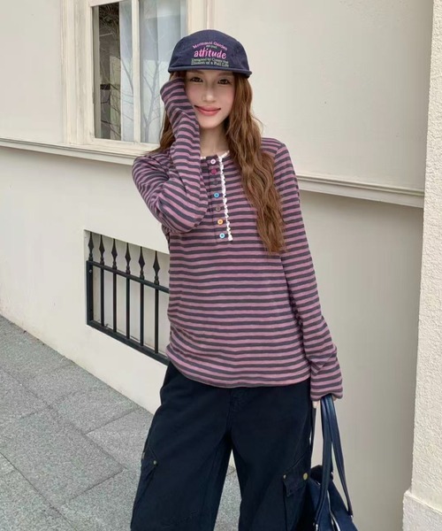 AsRiRe(アスリレイ)の「26aw カラフルボタンレースヘンリーネックボーダーロングTシャツ(Tシャツ/カットソー・レディース・パープル/グリーン/パープル系その他・M)」の20枚目の写真