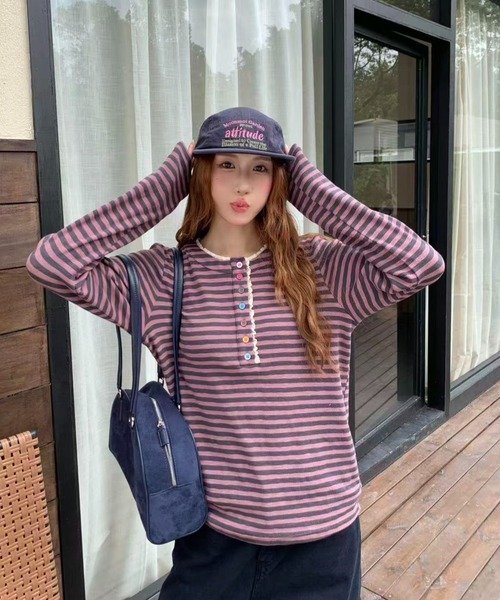 AsRiRe(アスリレイ)の「26aw カラフルボタンレースヘンリーネックボーダーロングTシャツ(Tシャツ/カットソー・レディース・パープル/グリーン/パープル系その他・M)」の22枚目の写真