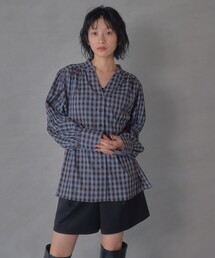 <EMMEL REFINES>EM ソデギャザー キーネック チェックシャツ