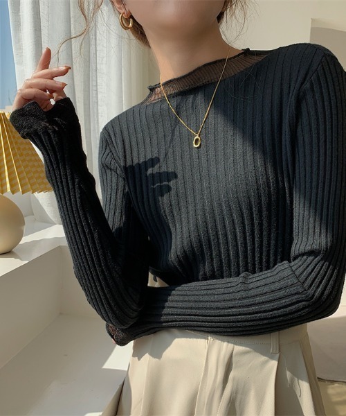 witch(ウイッチ)の「シアードッキングリブニットトップス(ニット/セーター・レディース・ベージュ/パープル/ブラック/ホワイト/ネイビー・FREE)」の1枚目の写真