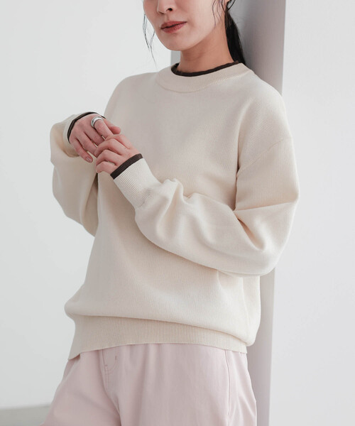 for/c(フォーシー)の「スウェットライクバイカラートップス【サスティナブル】(ニット/セーター・レディース・ネイビー/アイボリー/グレー/ブラック・M/L/LL)」の1枚目の写真