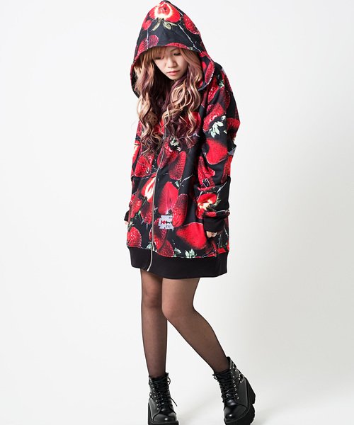 TRAVAS TOKYO,総柄いちごZIP(ジップ)ビッグシルエットパーカー - WEAR TRAVAS TOKYO,総柄いちごZIP(ジップ)ビッグシルエットパーカー - WEAR
