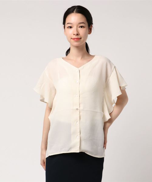 AMERICAN HOLIC（アメリカンホリック）の「・袖フリルVネックブラウス（シャツ/ブラウス・レディース・キャメル/ターコイズブルー/オフホワイト/ブラック・FREE）」の2枚目の写真