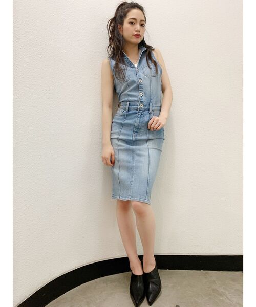 【n】ダークデニム ノースリーブタイトワンピース デニムワンピース ロングワンピース レディース 夏 ノースリーブ