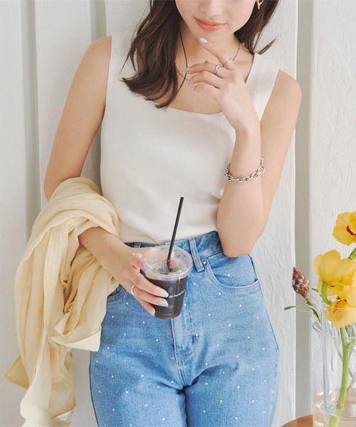 セール】スクエアネックスリーブレスニットトップス（タンクトップ