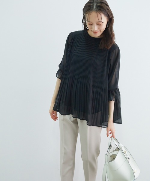 【新色追加】ドット/無地シフォンプリーツスタンドブラウス
