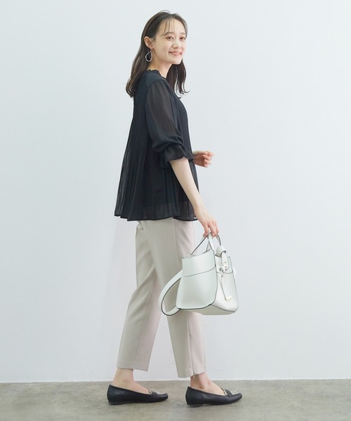 【新色追加】ドット/無地シフォンプリーツスタンドブラウス