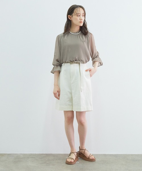 【新色追加】ドット/無地シフォンプリーツスタンドブラウス