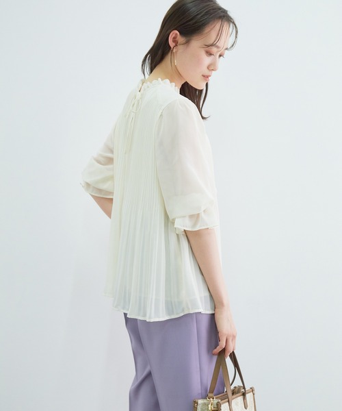 【新色追加】ドット/無地シフォンプリーツスタンドブラウス