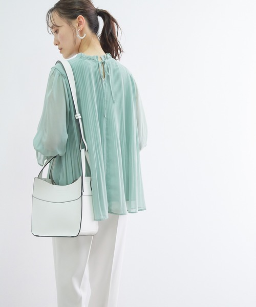 【新色追加】ドット/無地シフォンプリーツスタンドブラウス