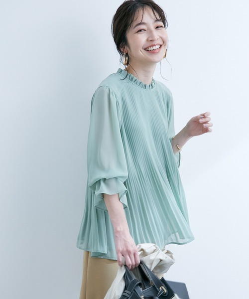 【新色追加】ドット/無地シフォンプリーツスタンドブラウス