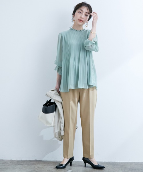 【新色追加】ドット/無地シフォンプリーツスタンドブラウス
