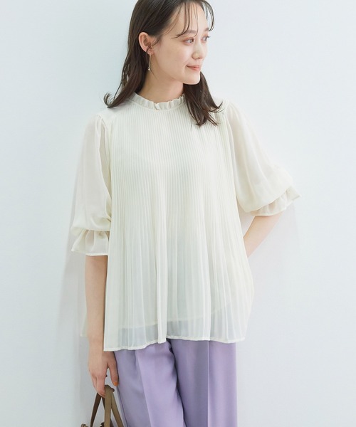 【新色追加】ドット/無地シフォンプリーツスタンドブラウス