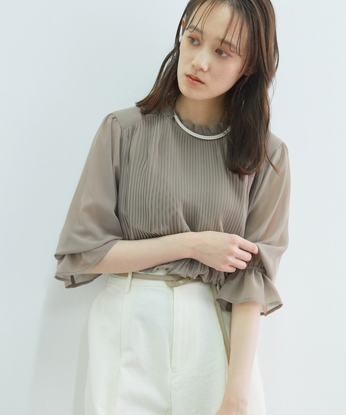 【新色追加】ドット/無地シフォンプリーツスタンドブラウス