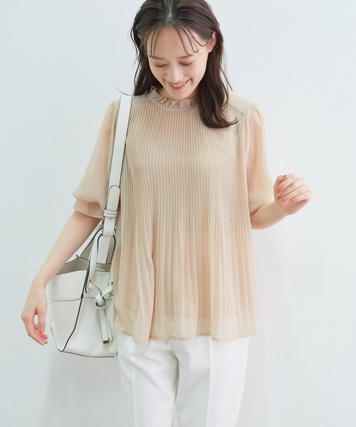 【新色追加】ドット/無地シフォンプリーツスタンドブラウス