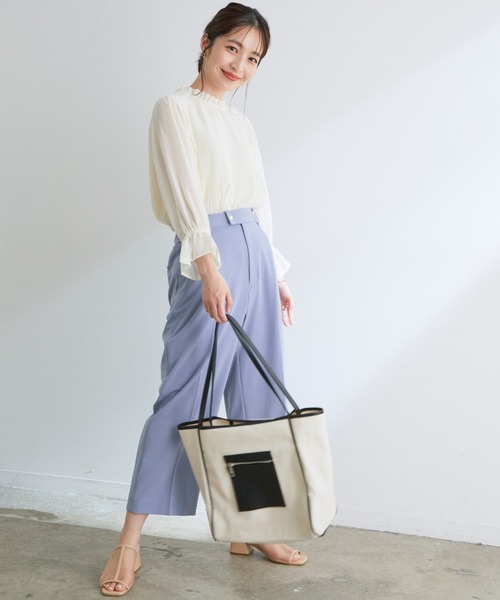 【新色追加】ドット/無地シフォンプリーツスタンドブラウス