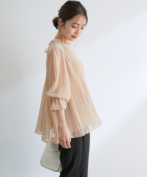【新色追加】ドット/無地シフォンプリーツスタンドブラウス