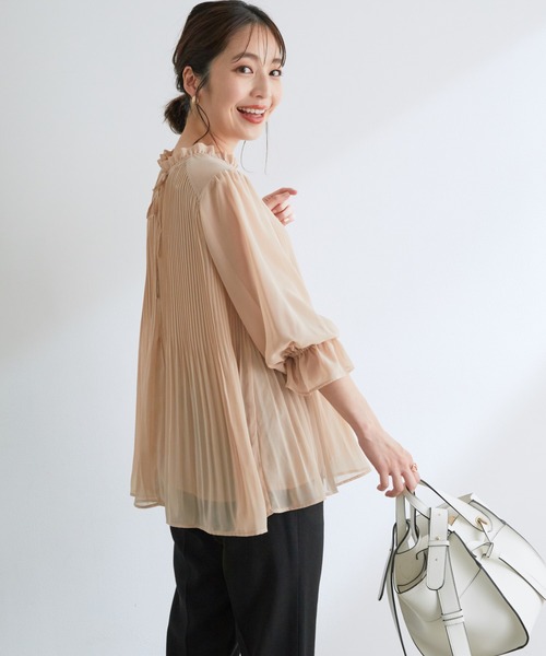 【新色追加】ドット/無地シフォンプリーツスタンドブラウス