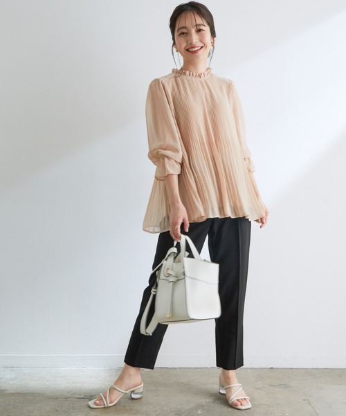 【新色追加】ドット/無地シフォンプリーツスタンドブラウス