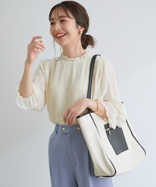 【新色追加】ドット/無地シフォンプリーツスタンドブラウス