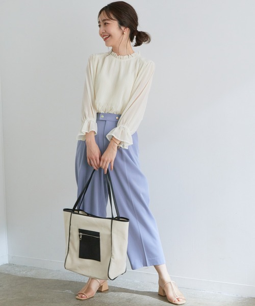 【新色追加】ドット/無地シフォンプリーツスタンドブラウス