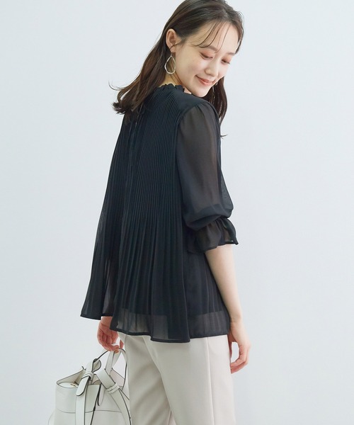 【新色追加】ドット/無地シフォンプリーツスタンドブラウス