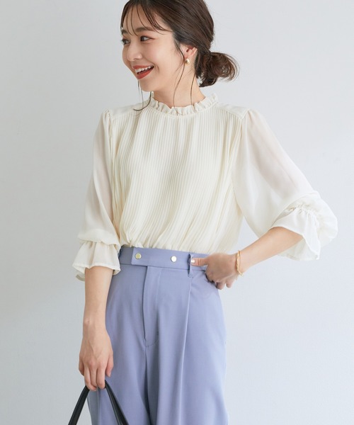 【新色追加】ドット/無地シフォンプリーツスタンドブラウス