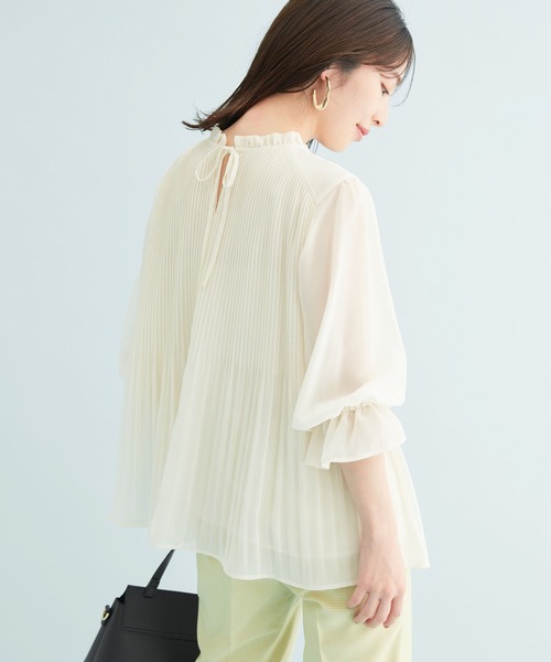 【新色追加】ドット/無地シフォンプリーツスタンドブラウス