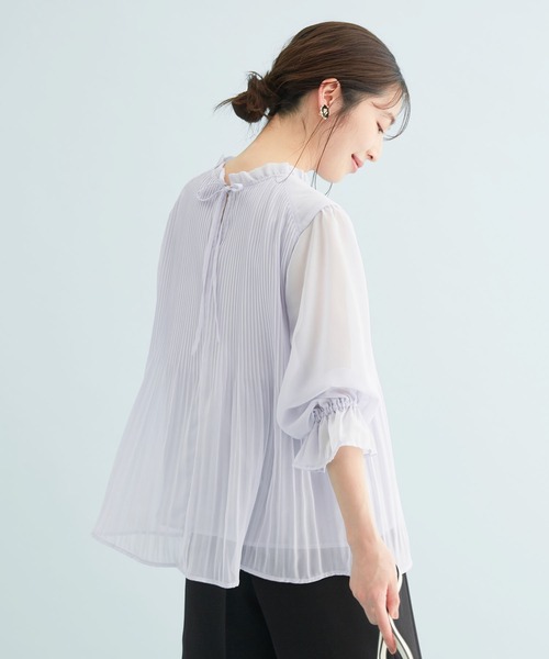 【新色追加】ドット/無地シフォンプリーツスタンドブラウス