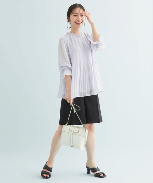 【新色追加】ドット/無地シフォンプリーツスタンドブラウス