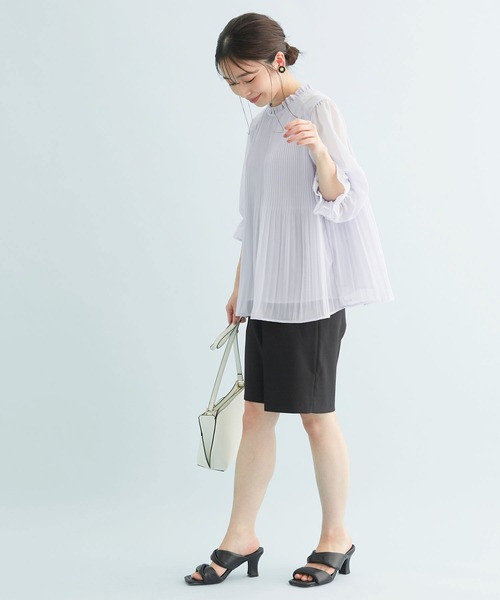 【新色追加】ドット/無地シフォンプリーツスタンドブラウス