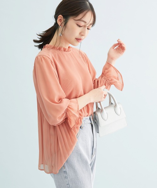 【新色追加】ドット/無地シフォンプリーツスタンドブラウス
