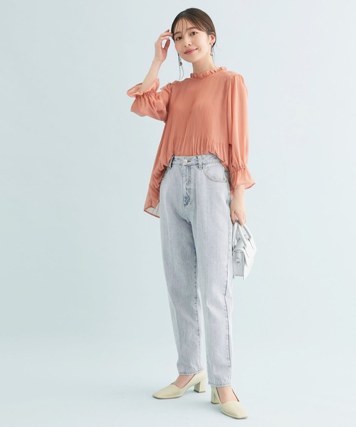 【新色追加】ドット/無地シフォンプリーツスタンドブラウス