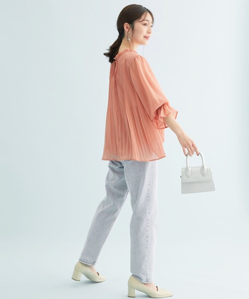 【新色追加】ドット/無地シフォンプリーツスタンドブラウス